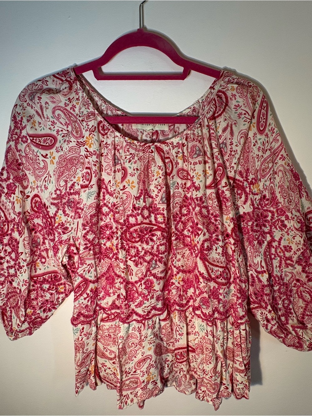 Penelope Rose XL Paisley Embroidered Boho Blouse Pink Cream